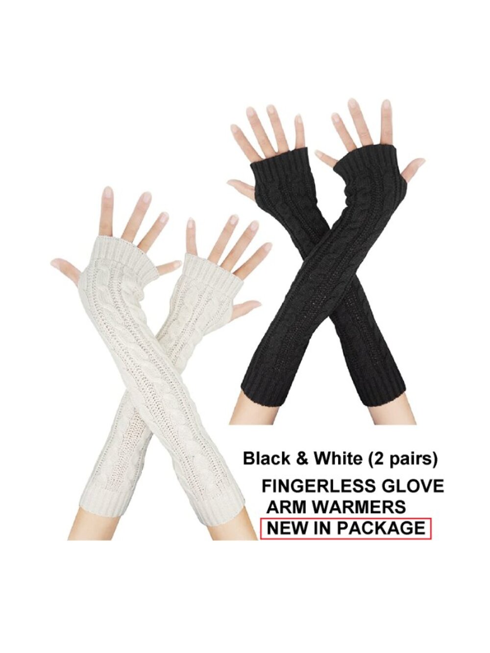 Long Arm Warmers Fingerless Gloves 2 Pairs WINTER WHITE AND BLACK - NWT